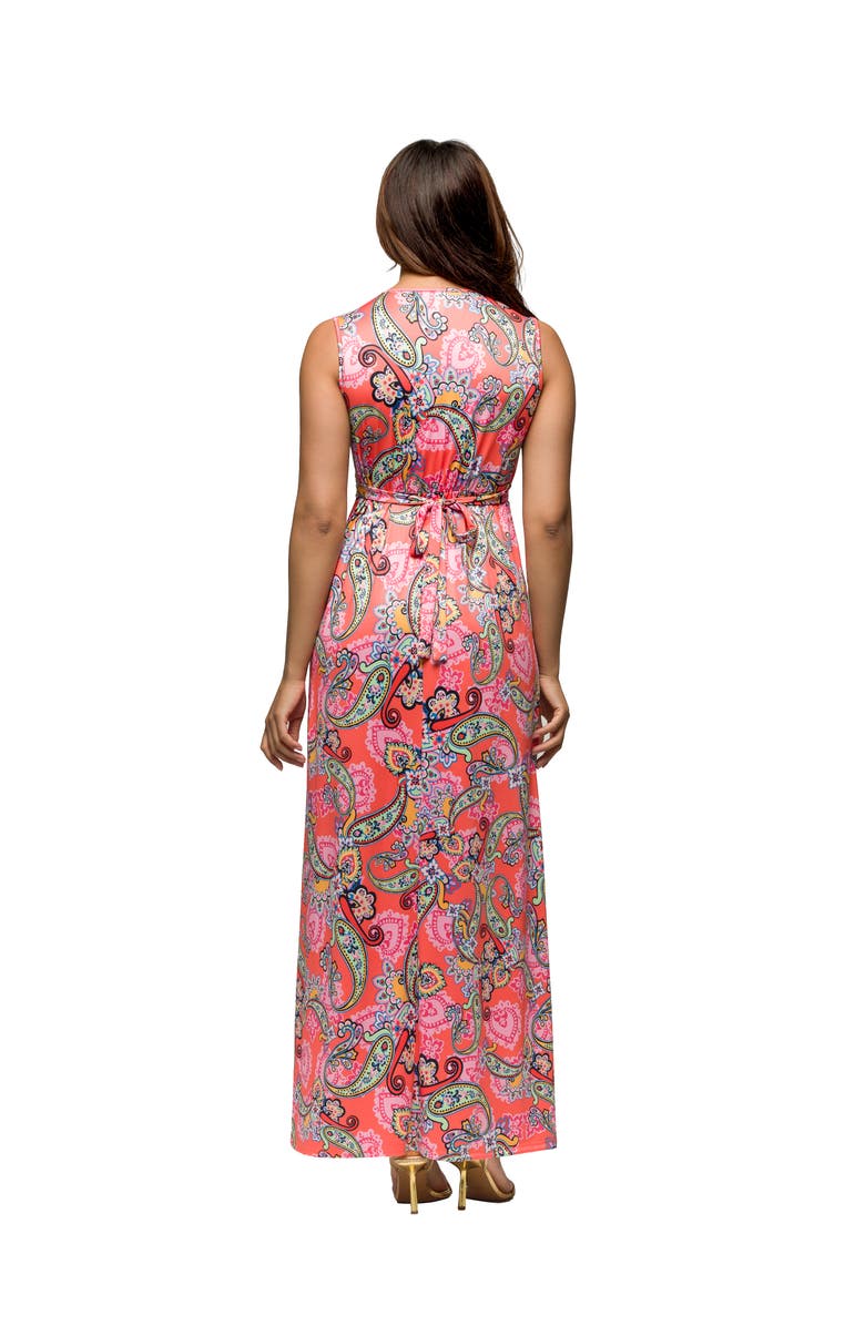 24seven Comfort Apparel Maternity Pink Paisley Print V-Neck Empire Waist Sleeveless Maxi Dress, Alternate, color, Pink Multi