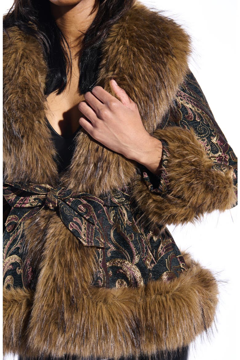 Kenzy Belted Jacquard & Faux Fur Coat, Alternate, color, BLACK MULTI