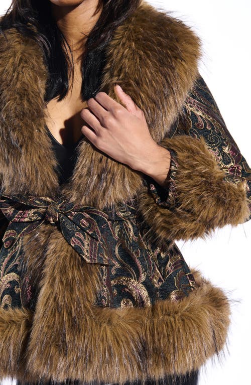 Azalea Wang Kenzy Belted Jacquard & Faux Fur Coat In Brown