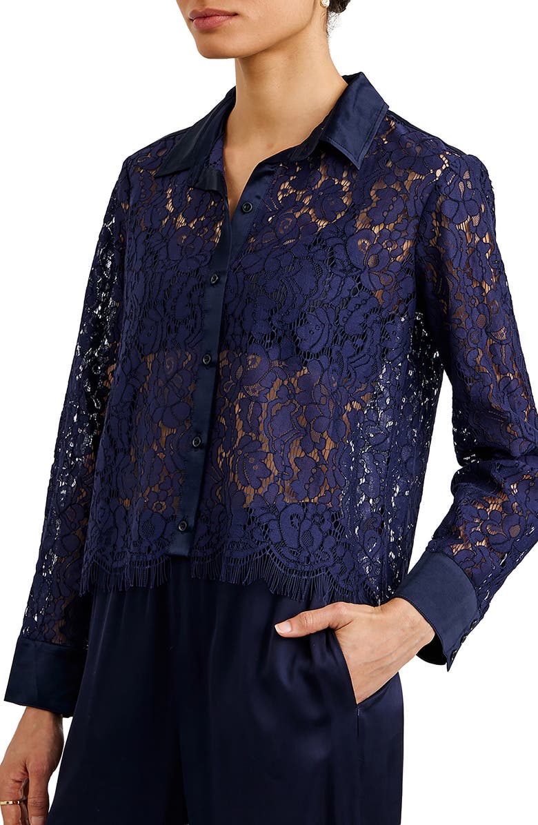 Bella Dahl Lace & Satin Button-Up Shirt, Alternate, color, Midnight Sky