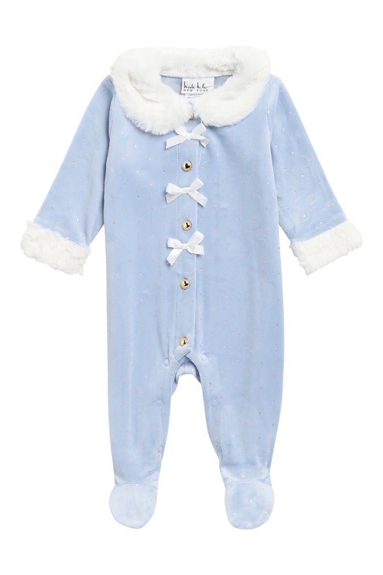 Kids' Faux Fur Trim Velour Footie, Main, color, ZEN BLUE