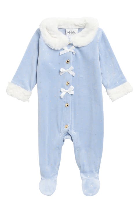 Kids' Faux Fur Trim Velour Footie
