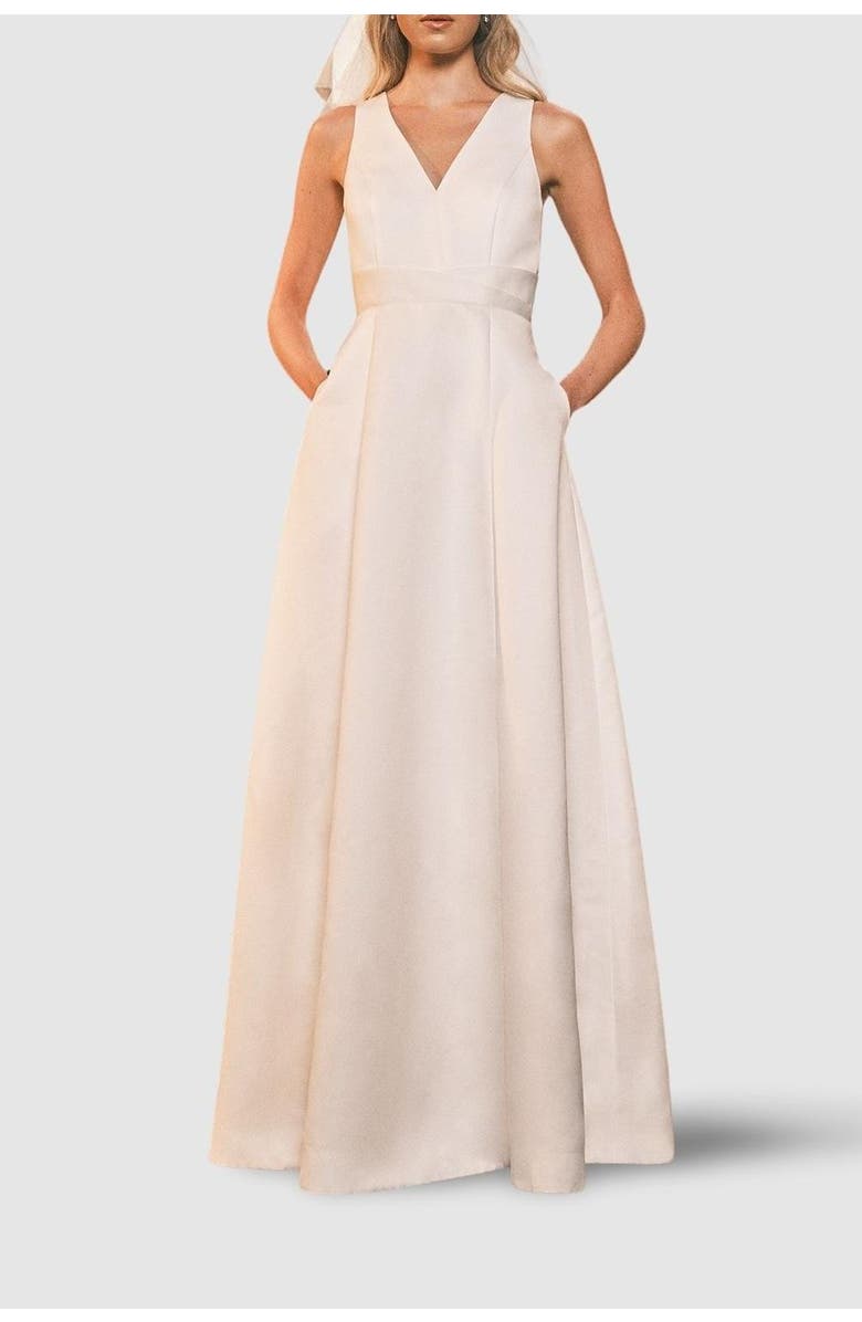 Coast Satin Plunge Maxi Wedding Dress, Alternate, color, Ivory