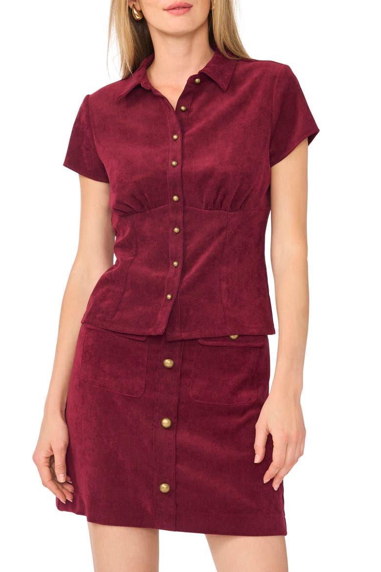 Corduroy Short Sleeve Button Front Shirt, Main, color, CRISP MERLOT