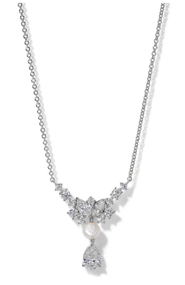 Nadri Ravish Cubic Zirconia & Genuine Pearl Frontal Necklace, Main, color, Rhodium