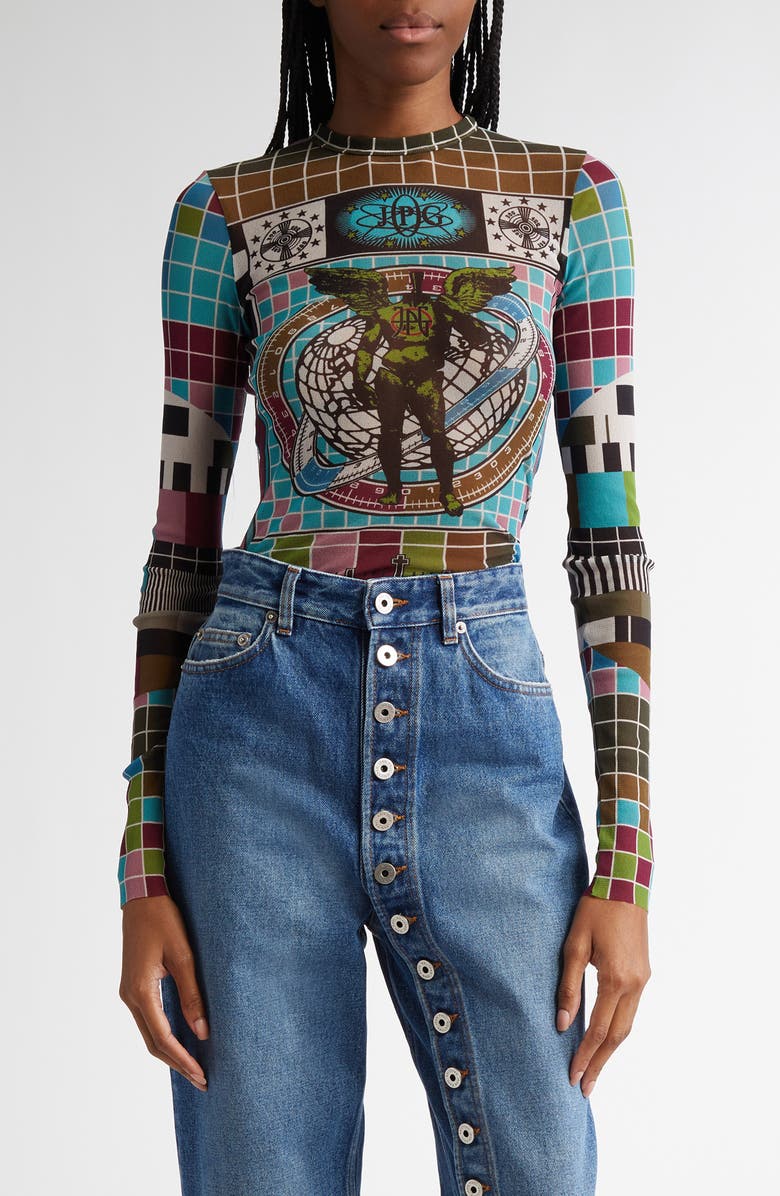 Jean Paul Gaultier Geo Print Long Sleeve Mesh Top, Main, color,