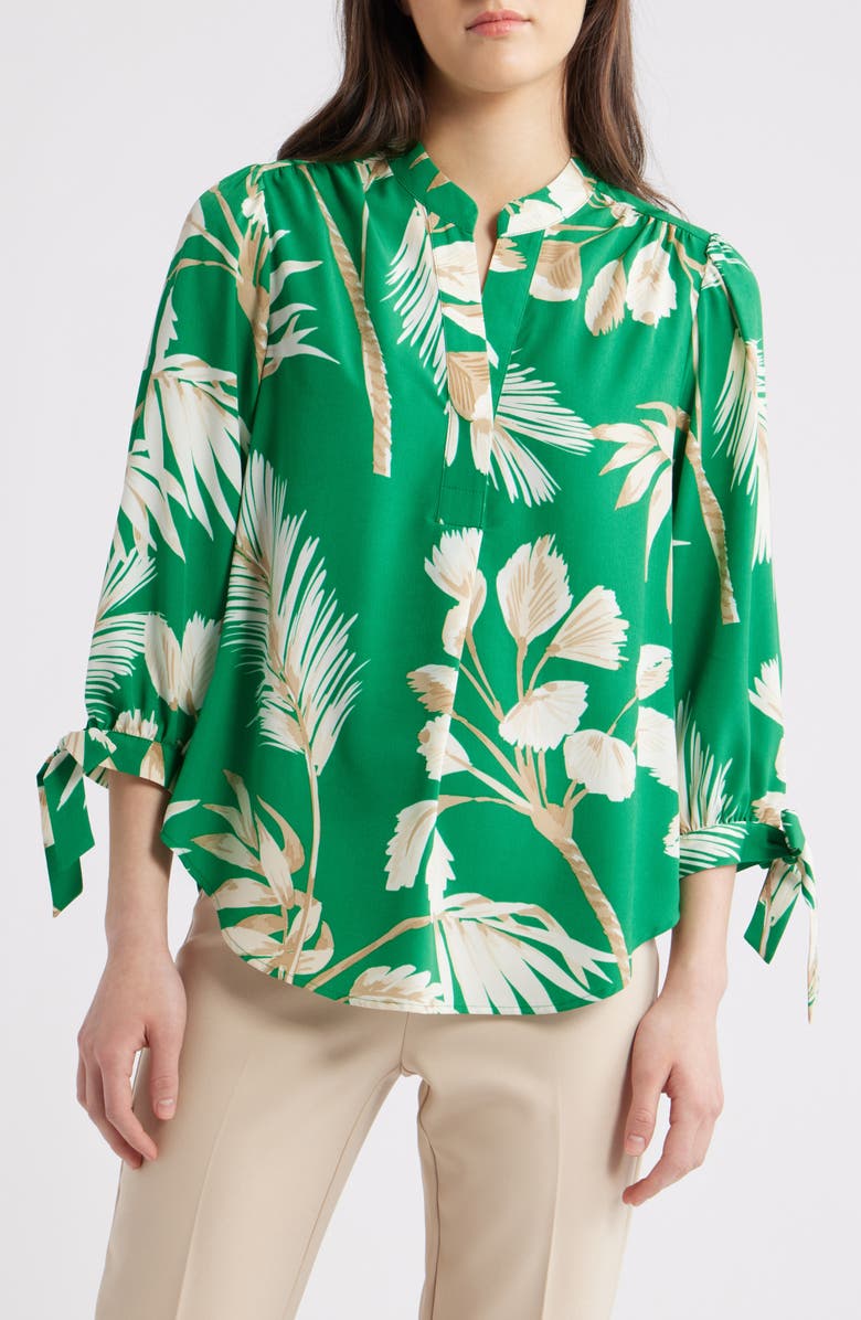 Anne Klein Palm Print Tie Cuff Crepe Top, Main, color,