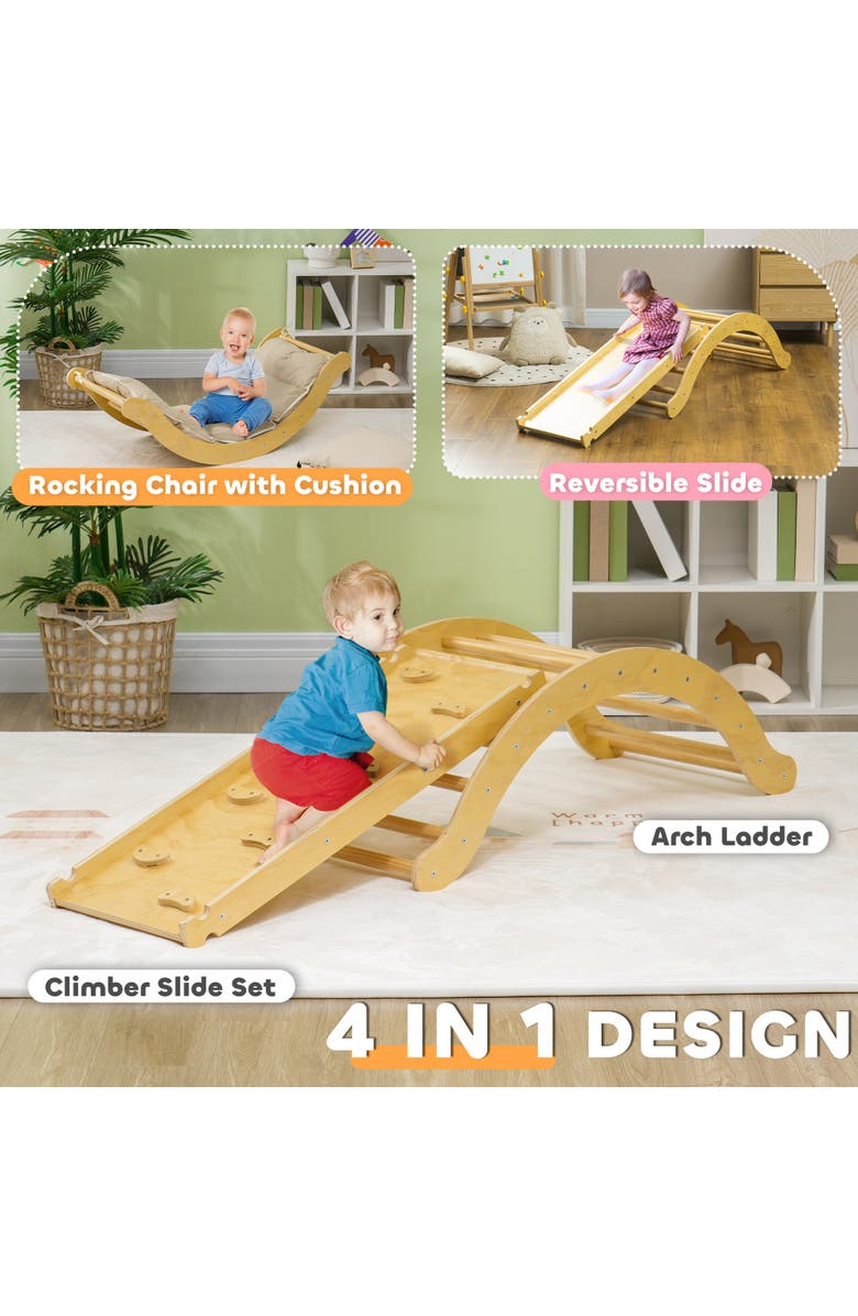 Qaba Toddler Climbing Toys Set, Indoor 4 In 1 Pikler Set, Wooden Montessori Set, Alternate, color, Natural Wood