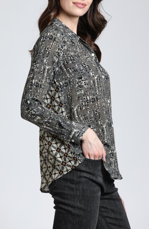 Apny Abstract Print Roll Tab Sleeve Chiffon Button-up Shirt In Grey Multi