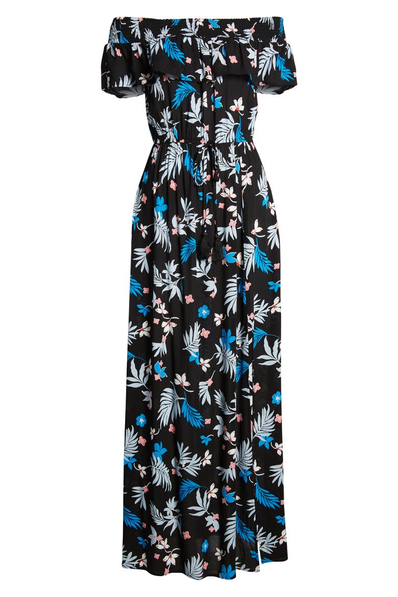 Floral Print Off the Shoulder Maxi Dress, Alternate, color, BLACK/ LIGHT BLUE