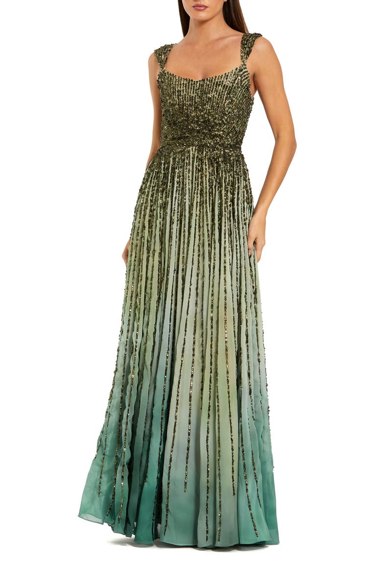 Women's Ombre Beaded Scoop Neck A-Line Gown, Main, color, Patina Green