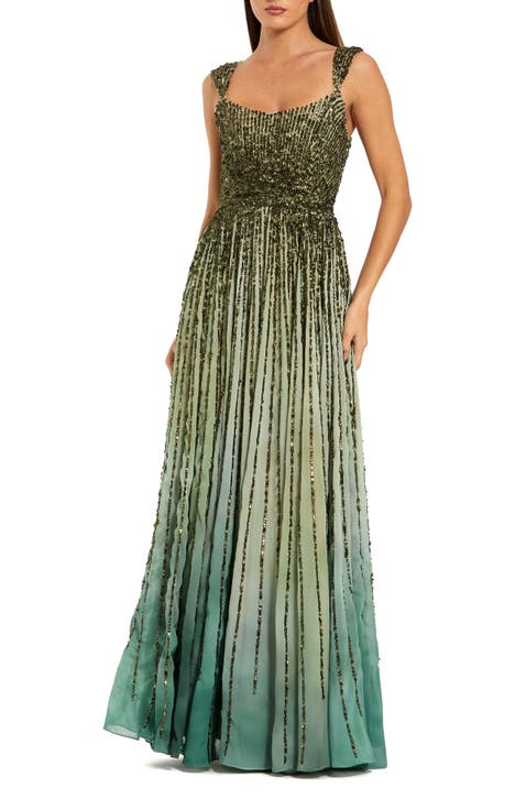 Women's Ombre Beaded Scoop Neck A-Line Gown