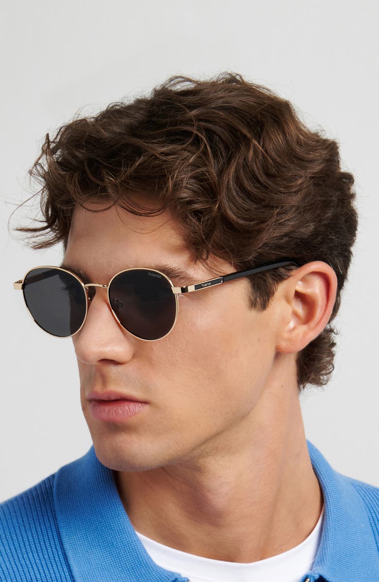 Polaroid 53mm Polarized Round Sunglasses, Alternate, color, Gold Grey/ Grey