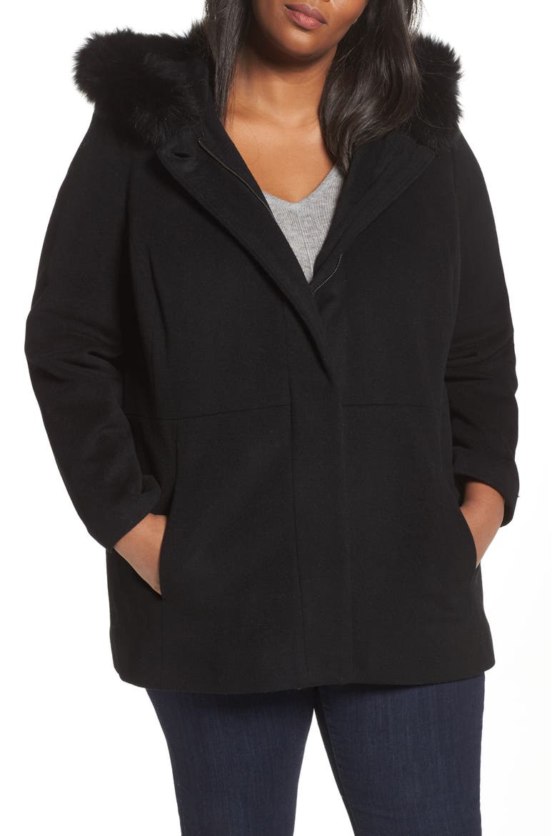 Genuine Fox Fur Trim Hooded Wool Blend Jacket, Alternate, color, BLACK