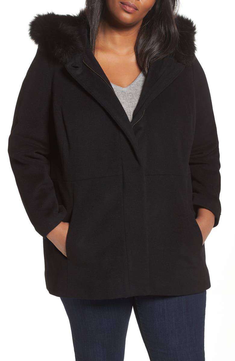 SACHI Genuine Fox Fur Trim Hooded Wool Blend Jacket, Alternate, color,