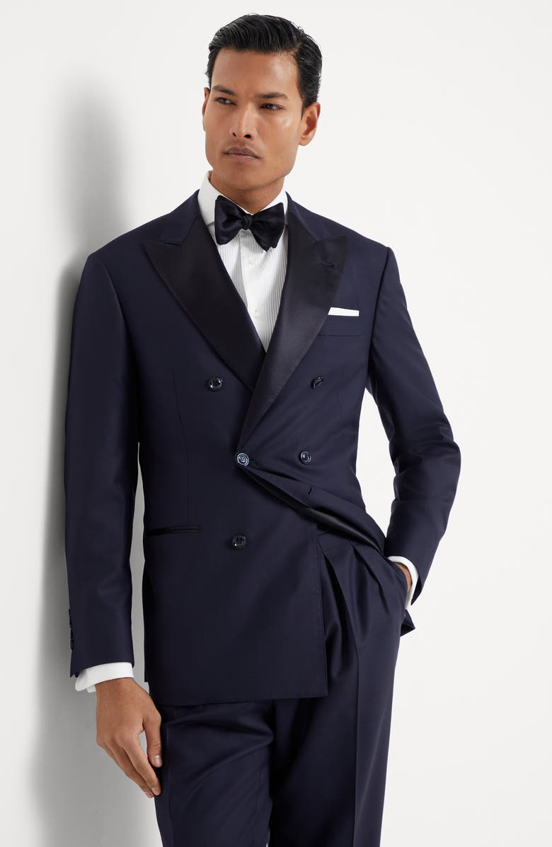 Brunello Cucinelli Lightweight virgin wool and silk twill tuxedo with one-and-a-half breasted jacket and double-pleated trousers, Alternate, color, 