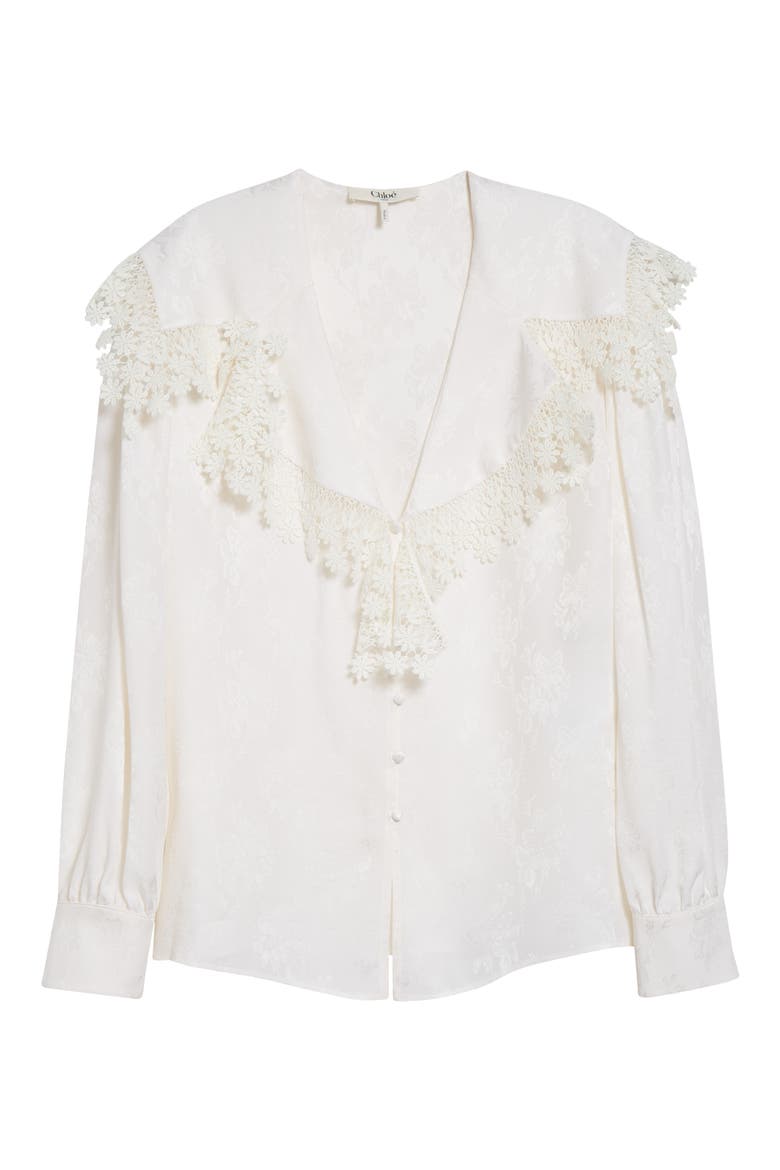 Floral Lace Trim Organic Silk Button-Up Shirt, Alternate, color, ICONIC MILK