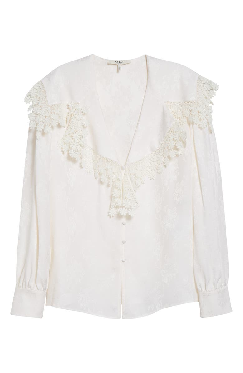 Chloé Floral Lace Trim Organic Silk Button-Up Shirt, Alternate, color, Iconic Milk