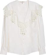 Chloé Floral Lace Trim Organic Silk Button-Up Shirt