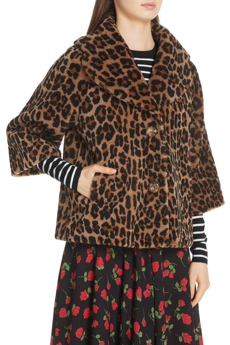 Leopard Print Crop Sleeve Genuine Shearling Coat, Alternate, color, CHINO