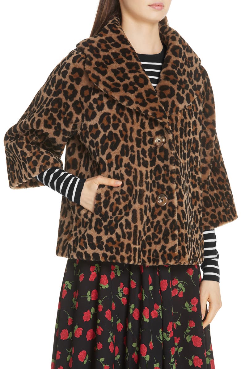 Michael Kors Leopard Print Crop Sleeve Genuine Shearling Coat, Alternate, color, 