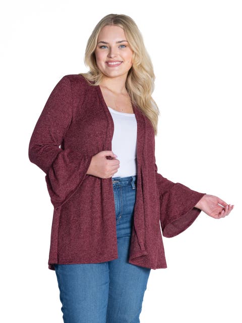 Plus Size Knit Three Quarter Bell Sleeve  Open Cardigan