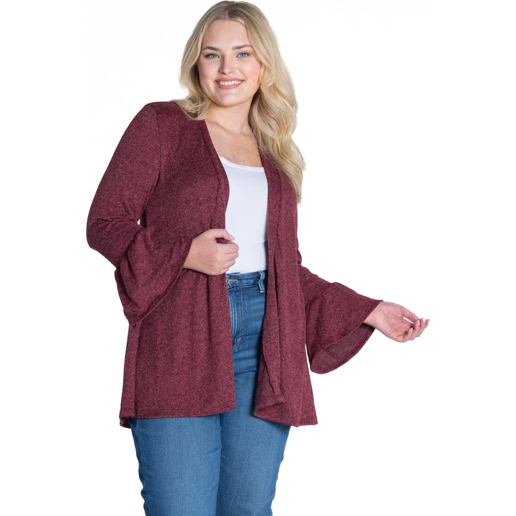 24seven Comfort Apparel Plus Size Bell Sleeve Open Cardigan Sweater In Burgundy