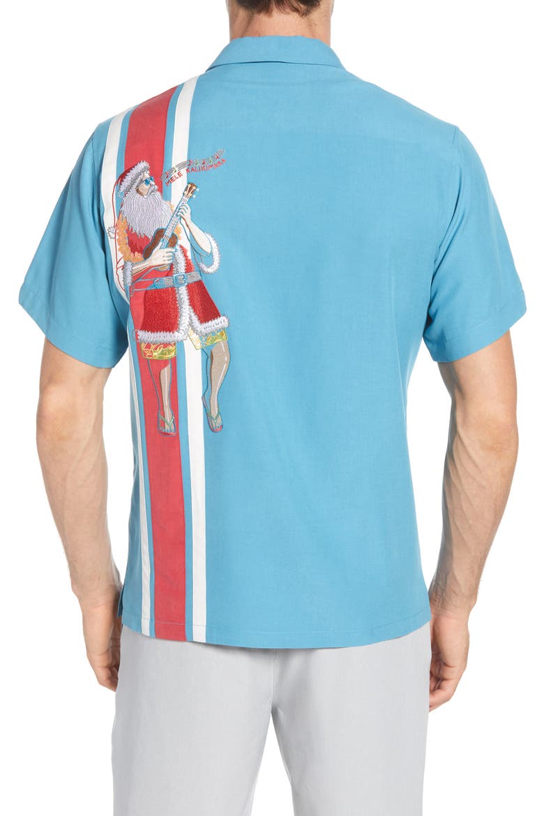Santa Notes Classic Fit Silk Blend Button-Up Shirt, Alternate, color, POOL
