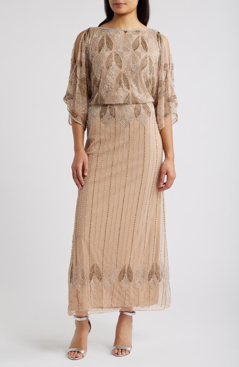 Pisarro Nights Beaded Cold Shoulder Cocktail Dress, Main, color, Beige