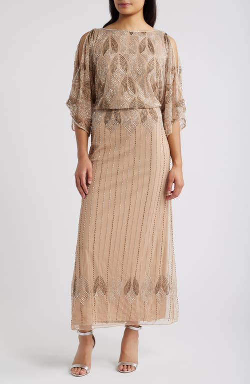 Pisarro Nights Beaded Cold Shoulder Cocktail Dress In Beige