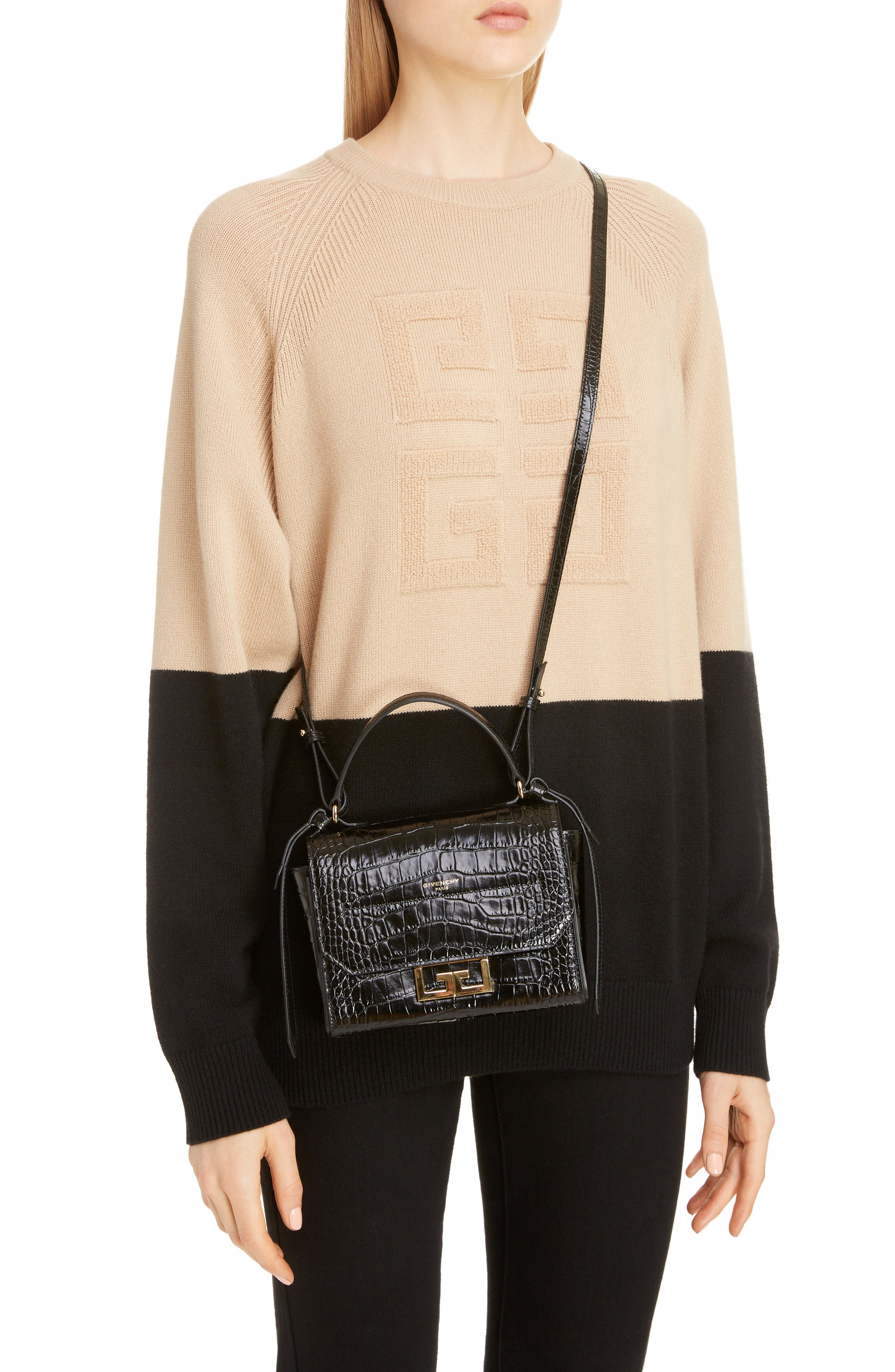 Mini Eden Croc Embossed Calfskin Top Handle Bag, Alternate, color, BLACK