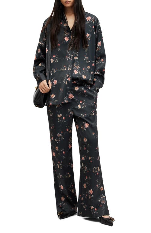 Allsaints Louisa Tanana Floral Print Satin Button-up Shirt In Black