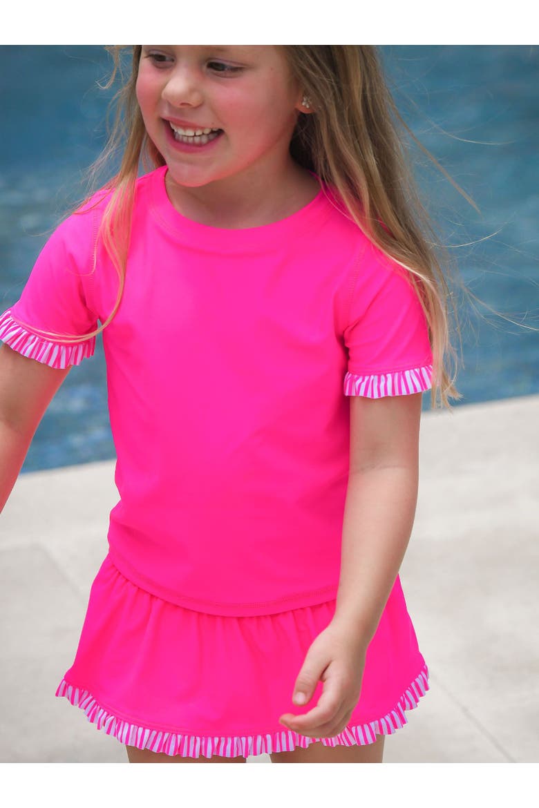 Girls Short Sleeve Ruffle UPF50+ Rash Guard Skirted 2-Piece, Alternate, color, Neon Magenta