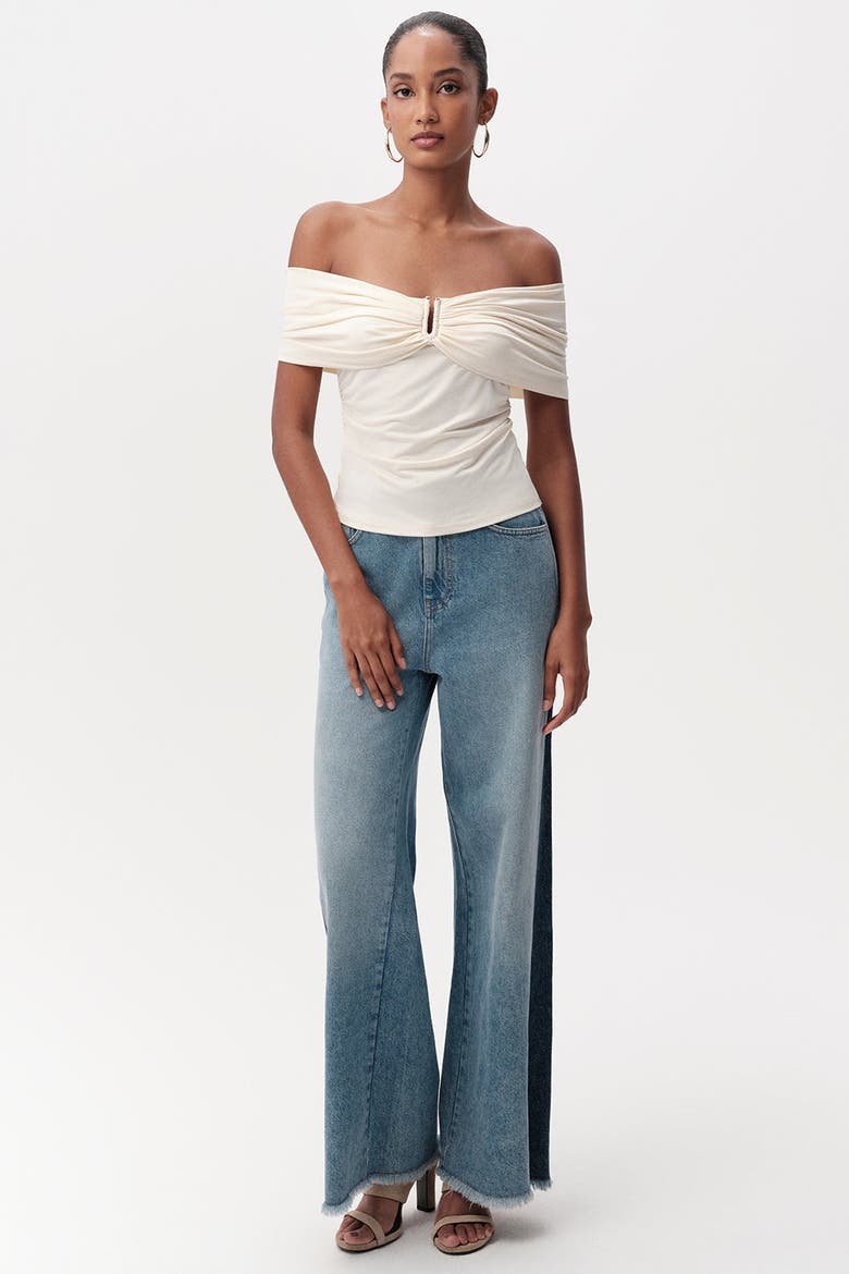Artus Off Shoulder Metal Buckle Knit Blouse, Alternate, color, Cream