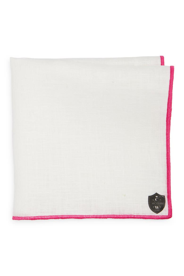 White Linen Pocket Square with Fuchsia Trim, Main, color, FUCHSIA