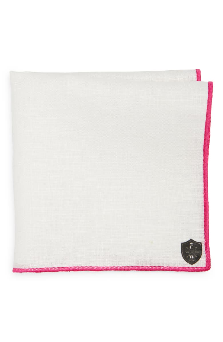 CLIFTON WILSON White Linen Pocket Square with Fuchsia Trim, Main, color, Fuchsia