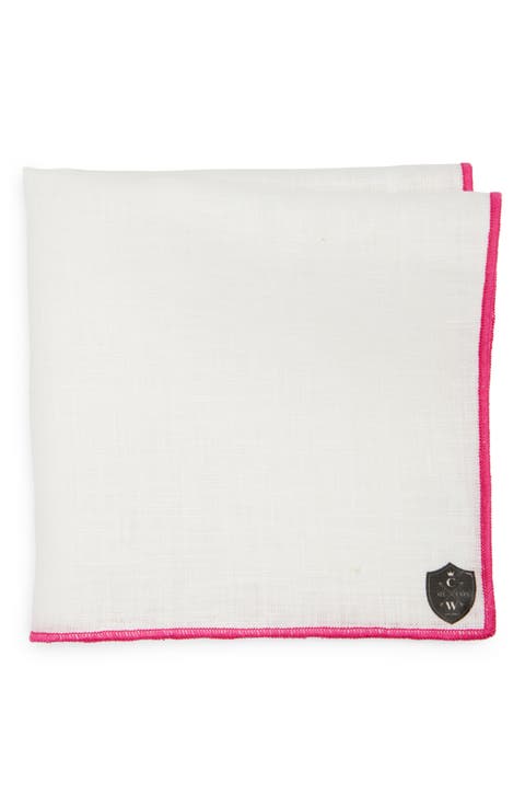 White Linen Pocket Square with Fuchsia Trim
