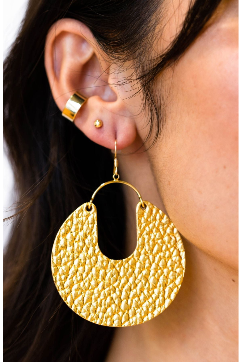 Leo Leather Hoop Earrings, Alternate, color, Hammered Gold