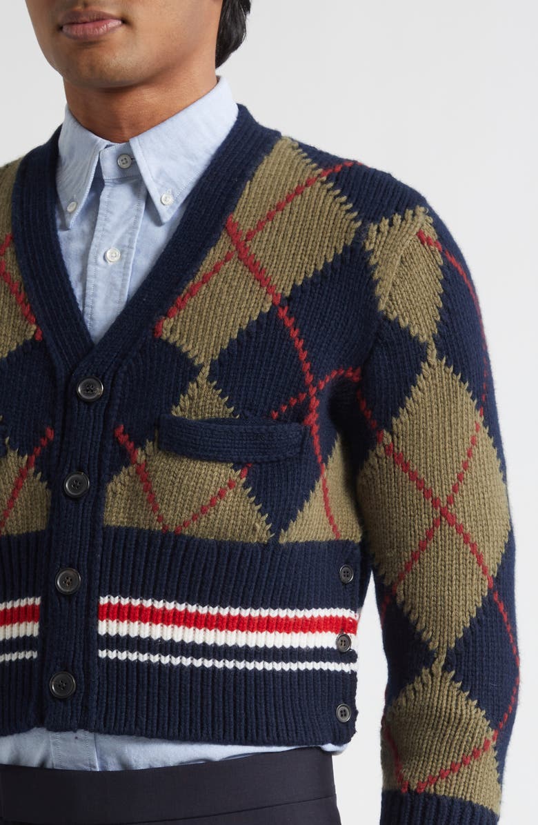 Thom Browne Argyle Intarsia Shrunken Virgin Wool Blend Cardigan, Alternate, color, Navy