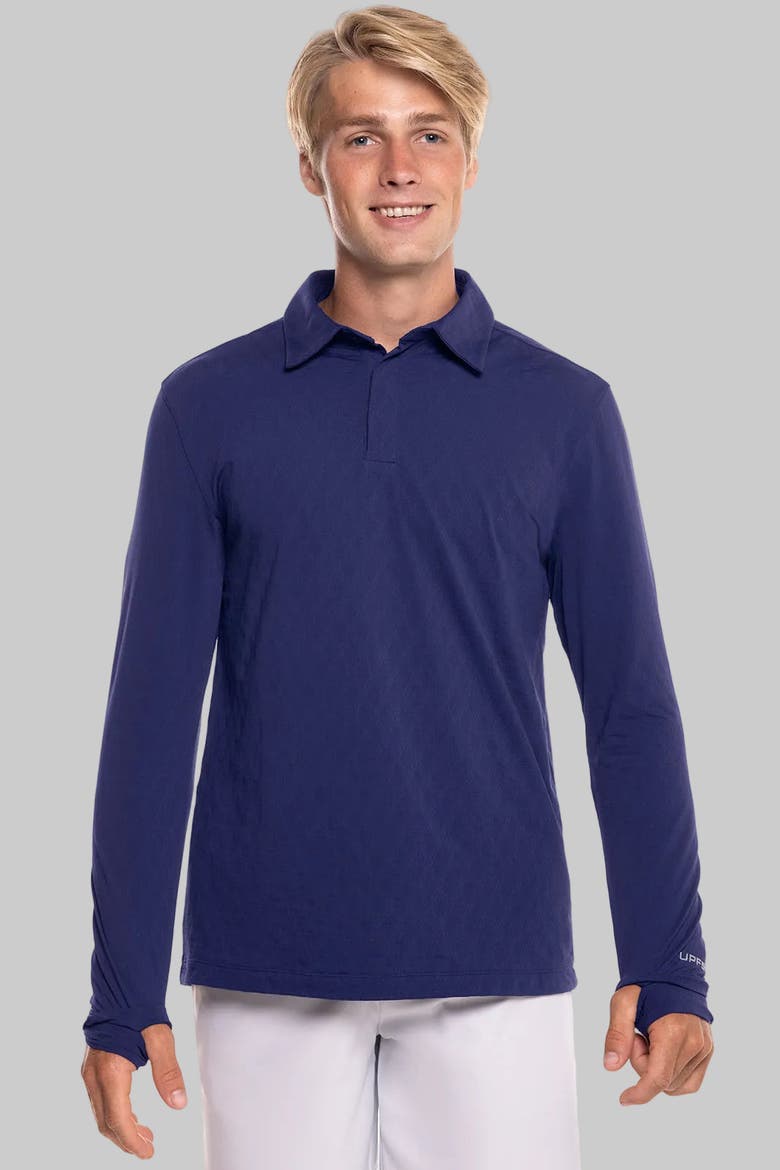 Men's Arobello Golf Long Sleeve Polo, UPF 50+ Sun Protection, Alternate, color, Navy Diamond Jacquard