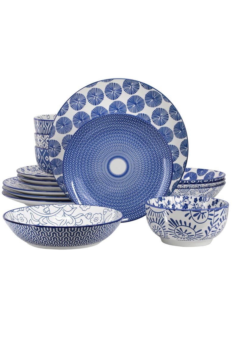 Aurora 16 Piece Porcelain Double Bowl Dinnerware Set, Main, color, Blue