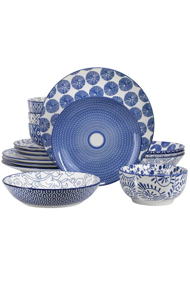 Elama Aurora 16 Piece Assorted Porcelain Double Bowl Dinnerware Set, Main, color, Blue