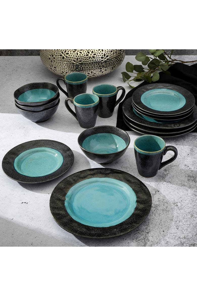 Dragonstone 16 Piece Stoneware Reactive Glaze Dinnerware Set, Alternate, color, Black