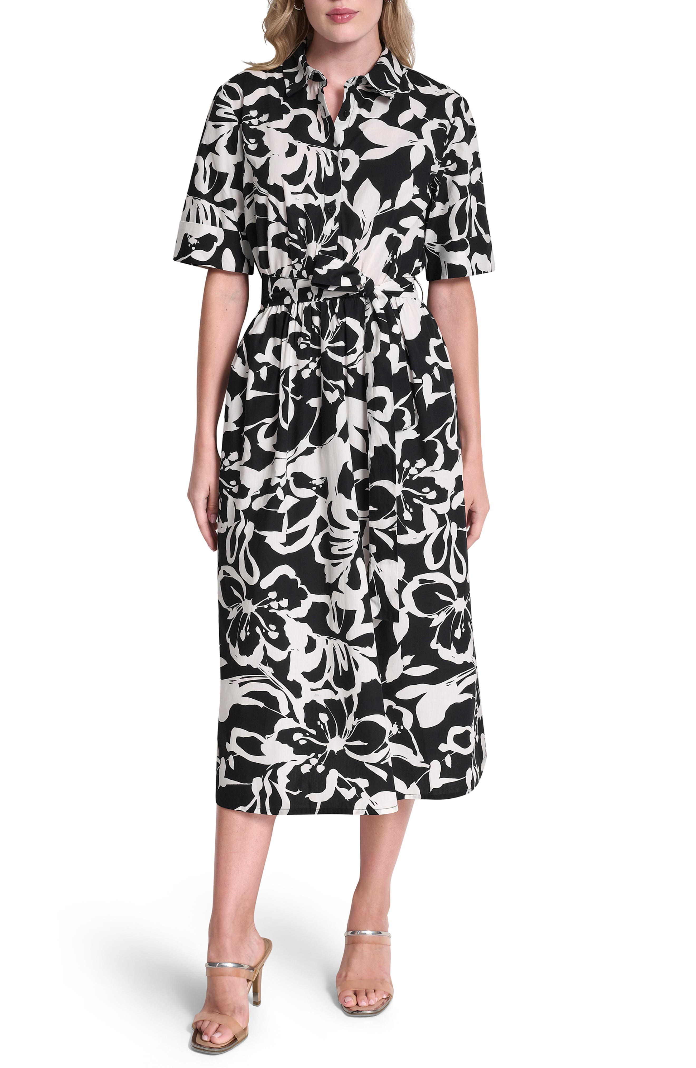 DKNY Floral Elbow Sleeve Cotton Midi Shirtdress