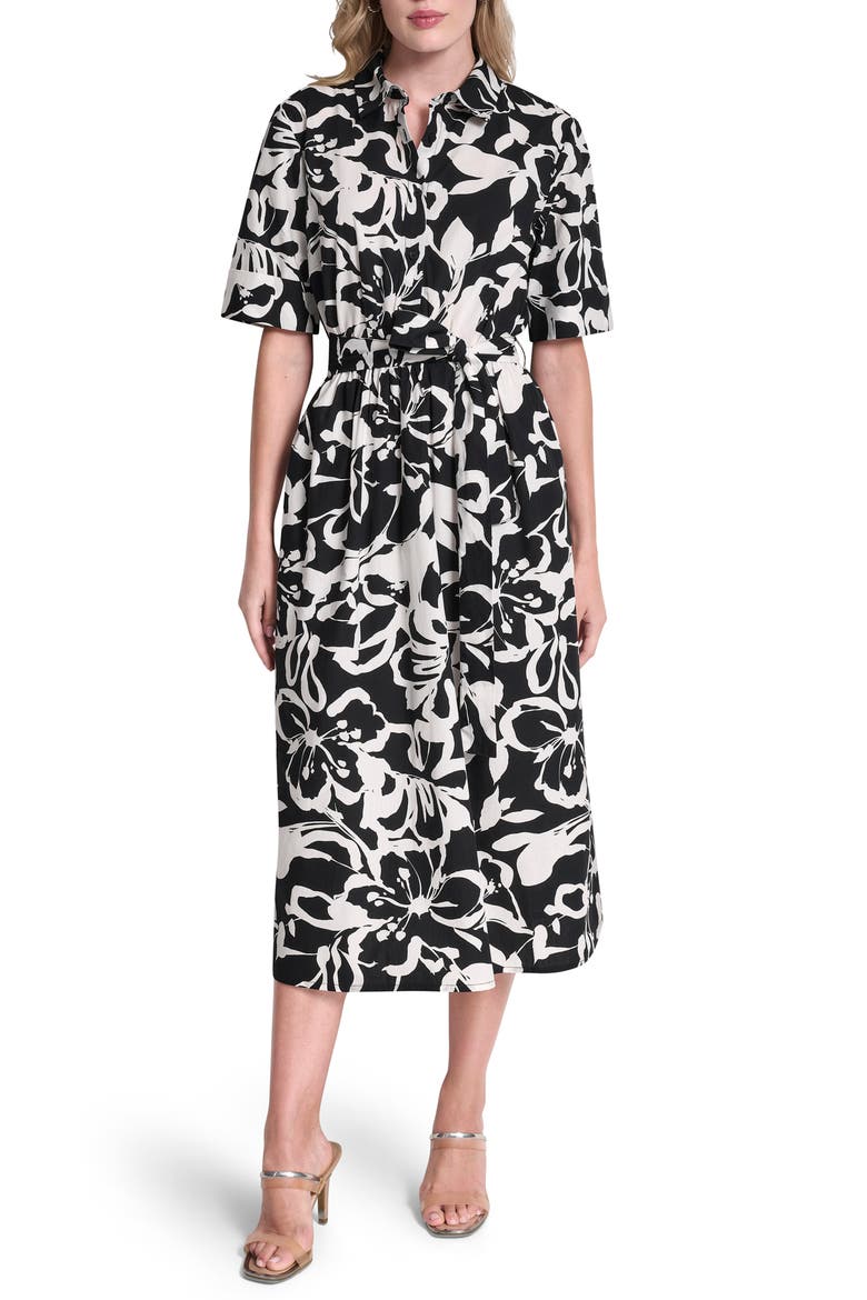 Floral Elbow Sleeve Cotton Midi Shirtdress, Main, color, BLACK/ IVORY