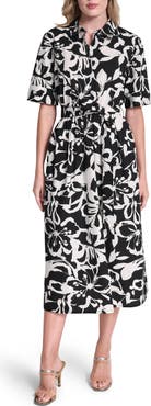 DKNY Floral Elbow Sleeve Cotton Midi Shirtdress