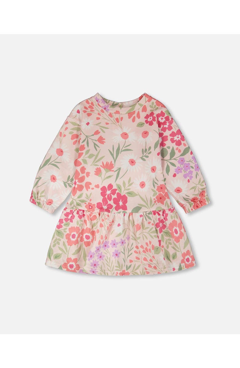 Deux par Deux French Terry Long Sleeve Printed Flowers Dress, Main, color, Pink Printed Flowers
