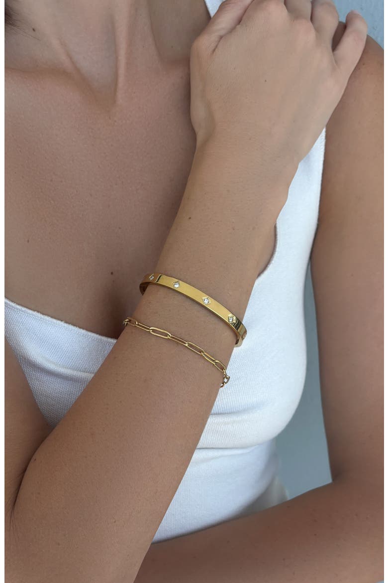 Set of 2 Tarnish Resistant 18K Gold Plated Chain & Cubic Zirconia Bangle Bracelets, Alternate, color, GOLD
