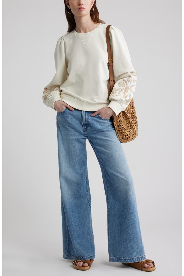 Embroidered Sleeve Cotton Sweatshirt, Alternate, color, IVORY EGRET EMBROIDERY
