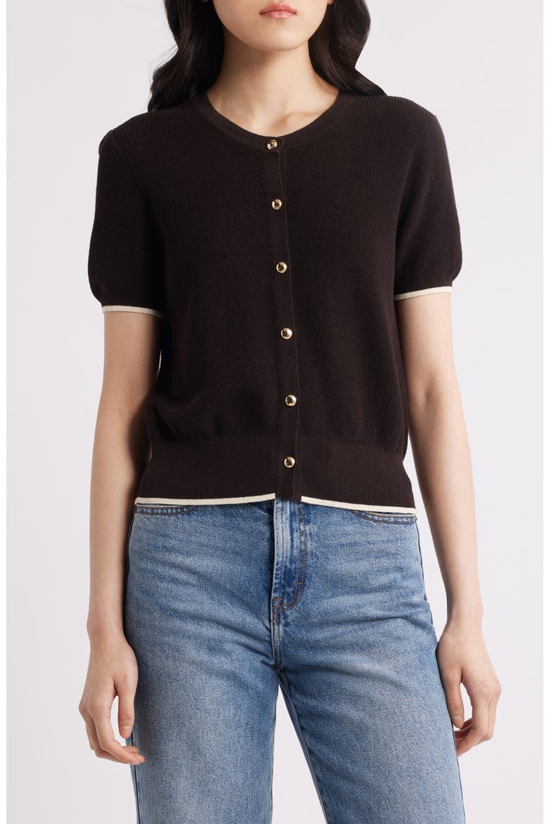 Dina Tipped Short Sleeve Cotton Blend Cardigan, Main, color, CHOCOLATE BROWN